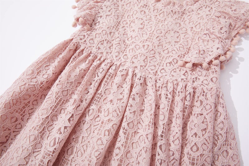 Niyage Toddler Girls Elegant Lace Pom Pom Flutter Sleeve Party Princess Dress Dusty Pink 130 - Image 4